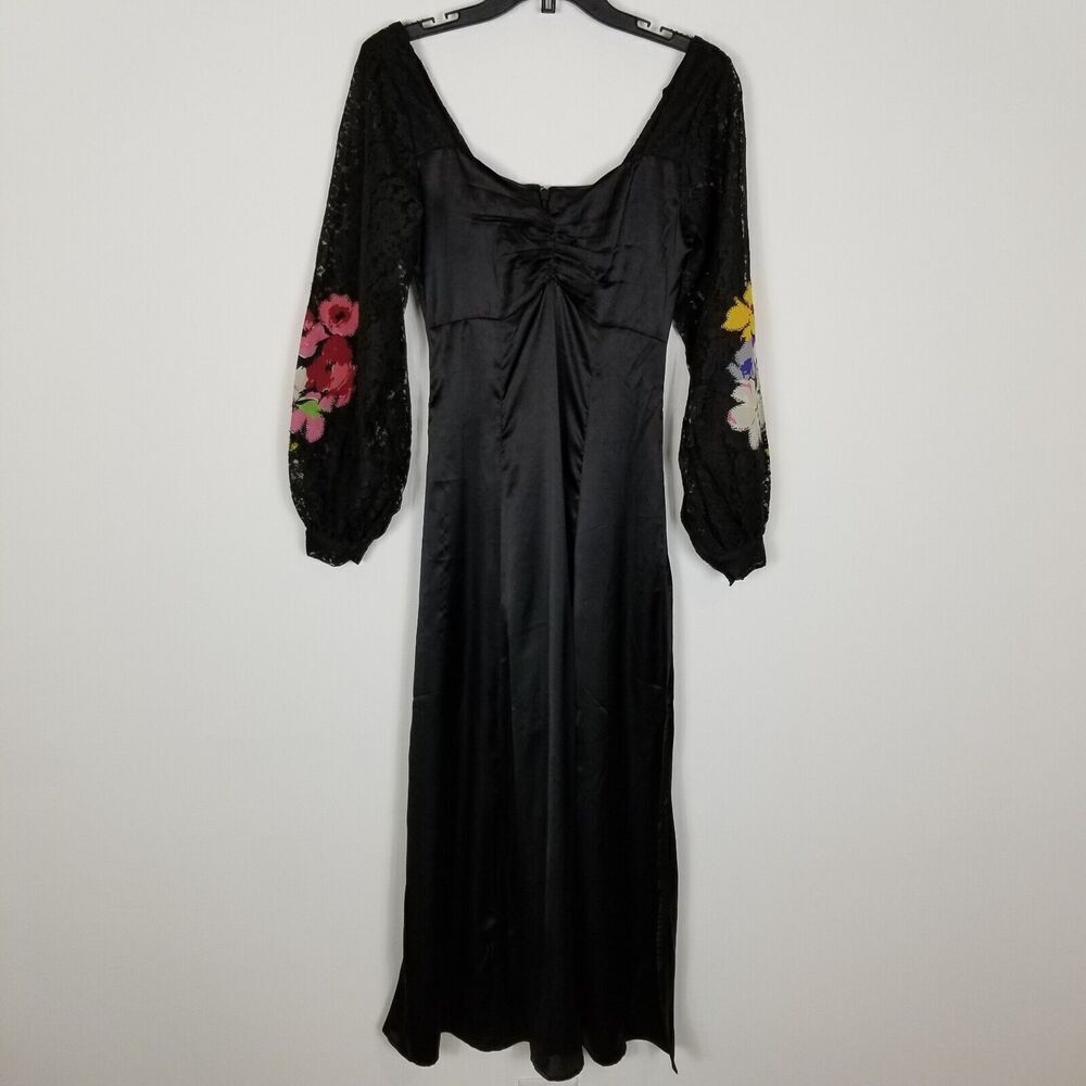 Topshop Women‎ Satin Lace Midi Dress Size 2 Long Floral Patch sleeve Event Black